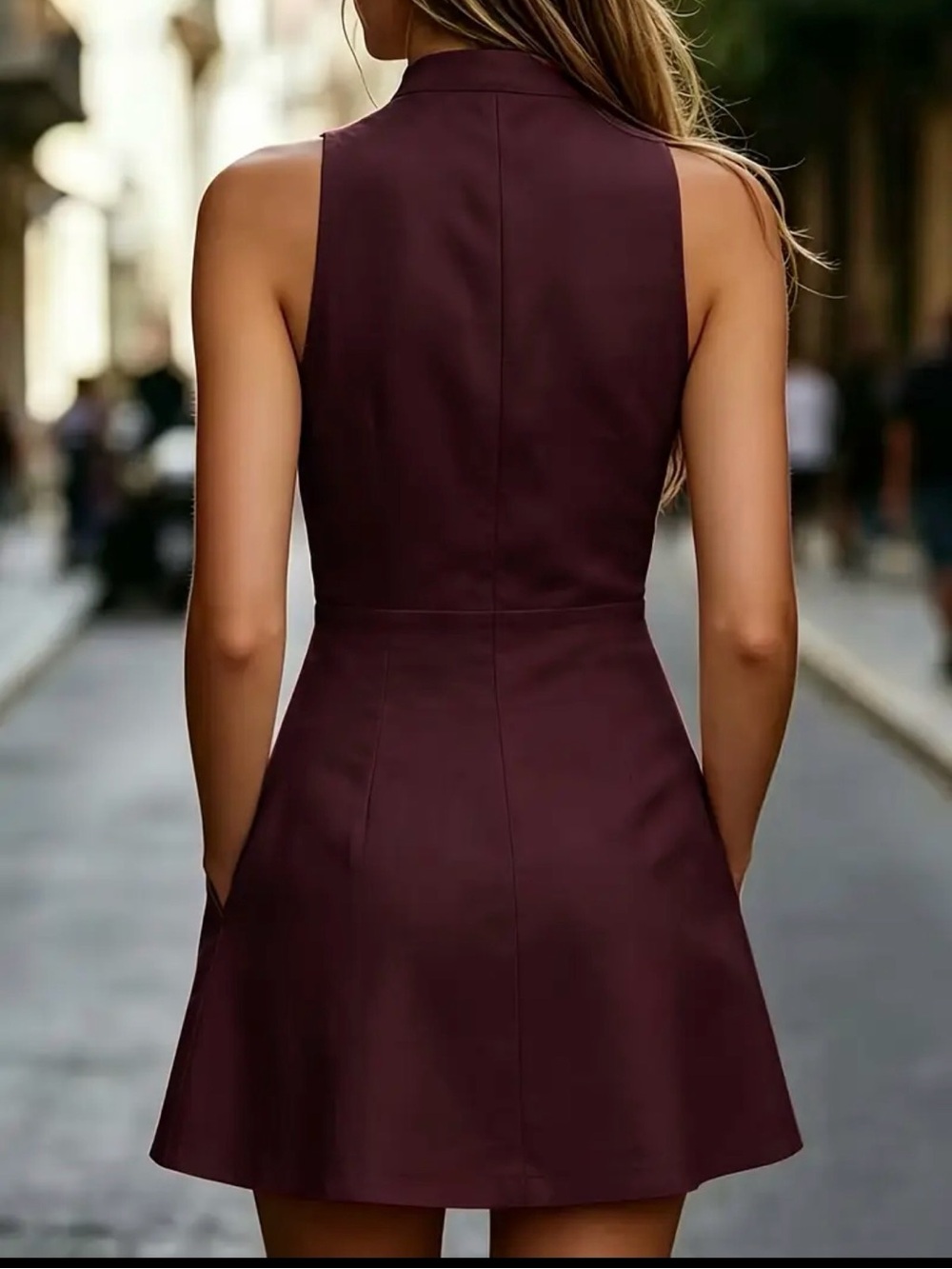 Sleeveless Burgundy Halter Fit & Flare Dress - Picture 2 of 9